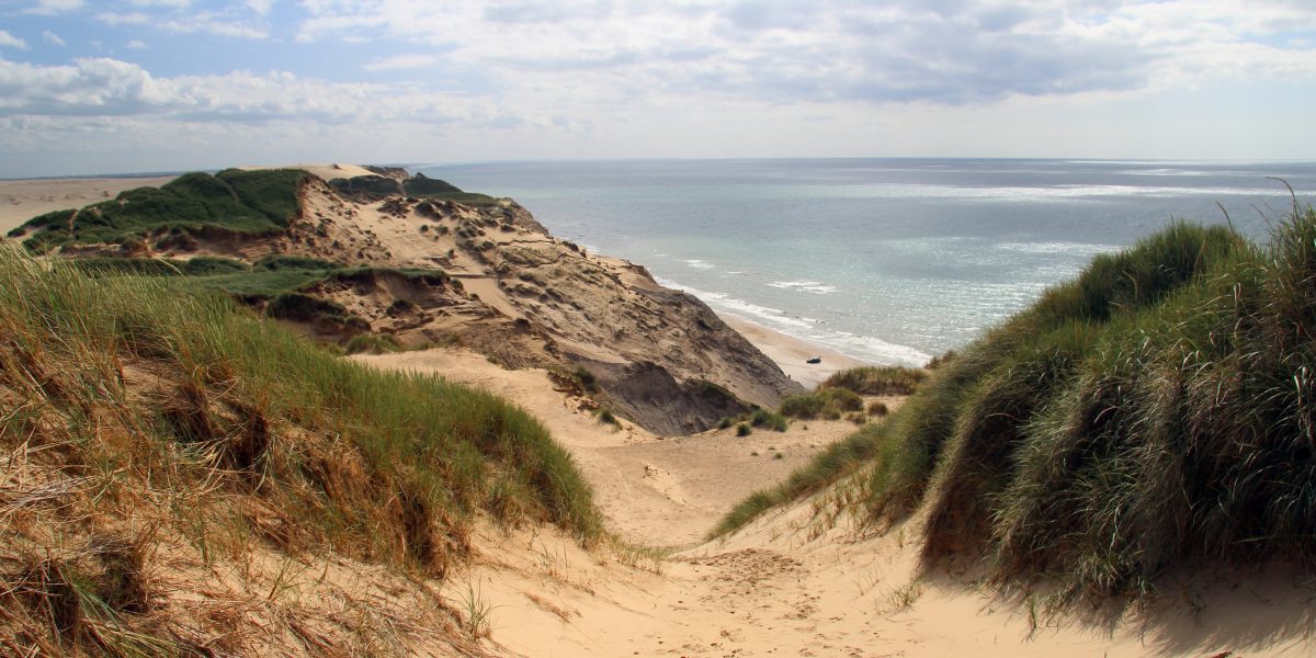 Dunes herbeuses et plage de sable sous un ciel nuageux